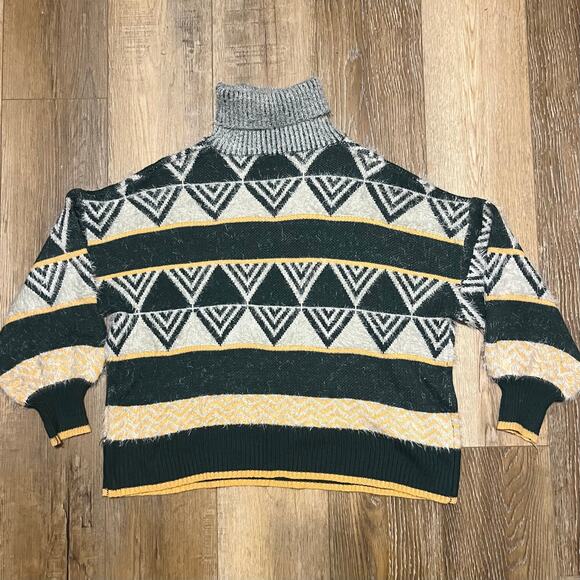 J. NNA Womens Boxy Mock Neck Sweater Geometric Color-block Sz M Gray Yellow 80s - Picture 4 of 7